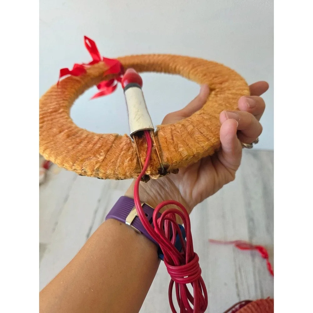 Vintage chenille orange candle wreath hanging Xmas decor working light decor is